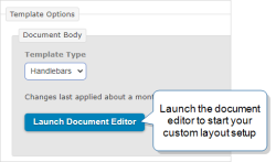 Template Options section that shows Handlebars as the selected "Template Type" and the "Launch Document Editor" button that you use to start your custom layout setup.